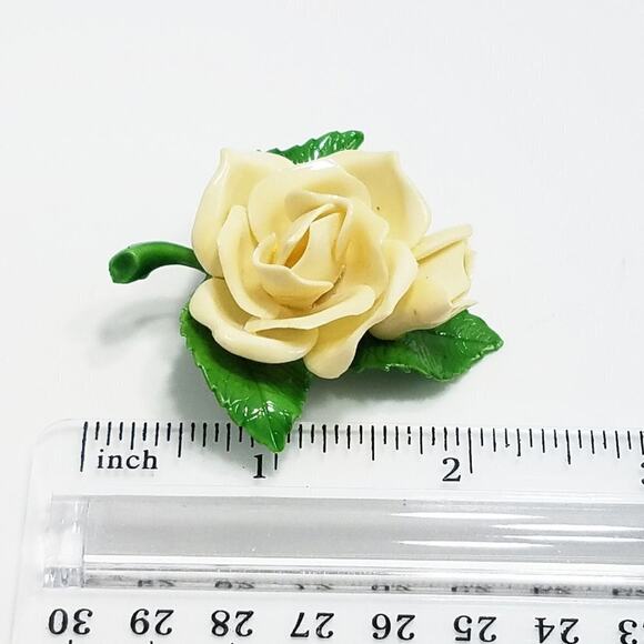 Vintage Cream Flower Lucite Brooch, Gardenia with Green Leaves & Stem, 2 Inches - Picture 7 of 9
